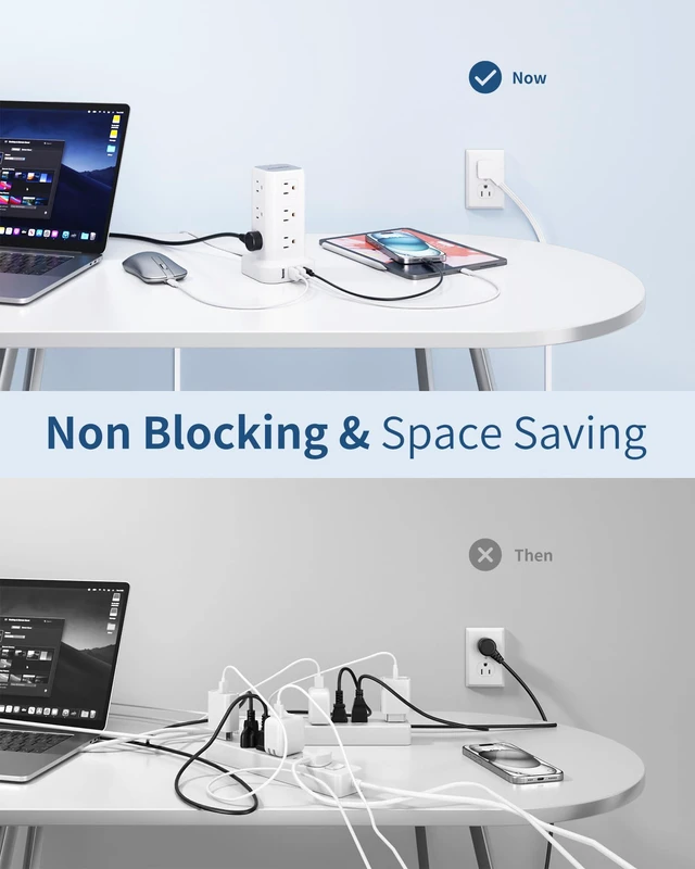 Alt view image 7 of 7 - Extension Cord with Multiple Outlets, Flat Plug Power Strip Tower, Outlet Extender with USB 12 AC Outlets, 10FT Ultra Thin Extension Cord for Home Office, Overload Protection