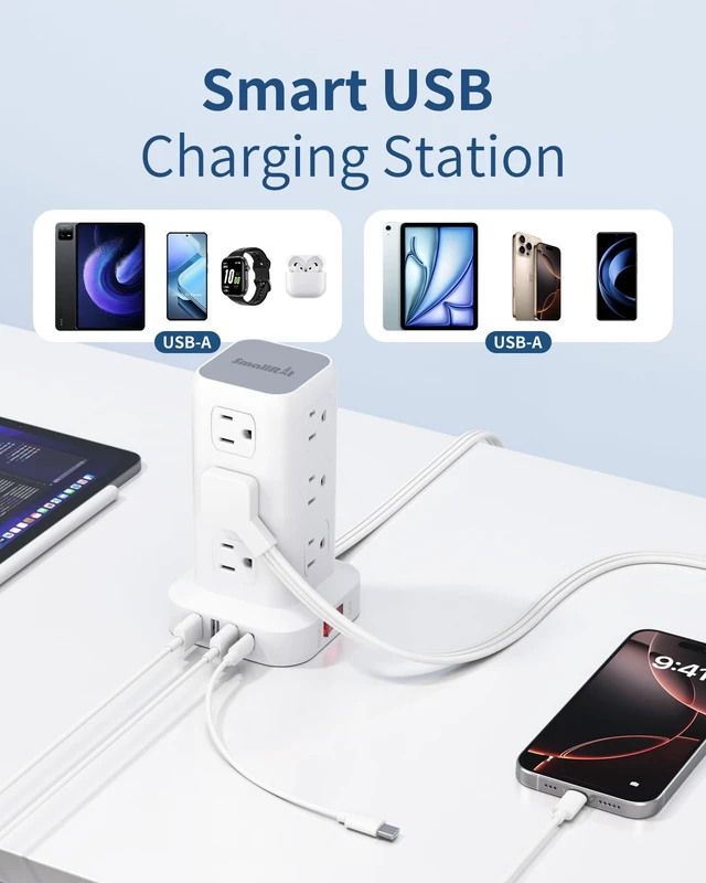 Alt view image 6 of 7 - Extension Cord with Multiple Outlets, Flat Plug Power Strip Tower, Outlet Extender with USB 12 AC Outlets, 10FT Ultra Thin Extension Cord for Home Office, Overload Protection