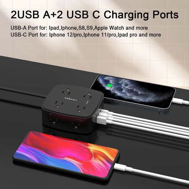 Alt view image 3 of 7 - 6 Ft Surge Protector Power Strip - 8 Widely Outlets with 4 USB Ports, 3 Side Outlet Extender with 6 Feet Extension Cord, Flat Plug, Wall Mount, Desk USB Charging Station, ETL,Black