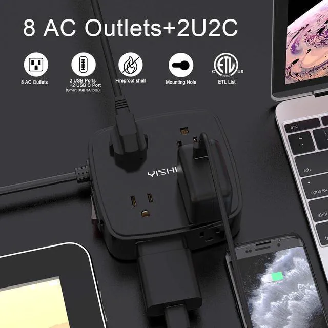 Alt view image 2 of 7 - 6 Ft Surge Protector Power Strip - 8 Widely Outlets with 4 USB Ports, 3 Side Outlet Extender with 6 Feet Extension Cord, Flat Plug, Wall Mount, Desk USB Charging Station, ETL,Black