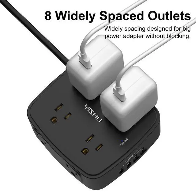 Alt view image 4 of 7 - 6 Ft Surge Protector Power Strip - 8 Widely Outlets with 4 USB Ports, 3 Side Outlet Extender with 6 Feet Extension Cord, Flat Plug, Wall Mount, Desk USB Charging Station, ETL,Black