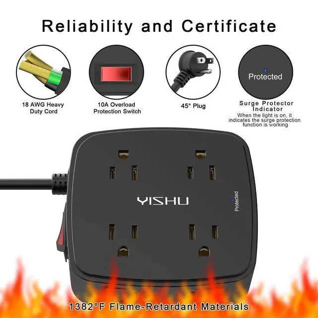 Alt view image 6 of 7 - 6 Ft Surge Protector Power Strip - 8 Widely Outlets with 4 USB Ports, 3 Side Outlet Extender with 6 Feet Extension Cord, Flat Plug, Wall Mount, Desk USB Charging Station, ETL,Black