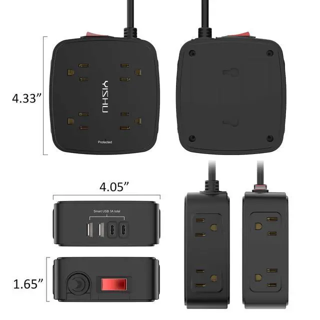 Alt view image 7 of 7 - 6 Ft Surge Protector Power Strip - 8 Widely Outlets with 4 USB Ports, 3 Side Outlet Extender with 6 Feet Extension Cord, Flat Plug, Wall Mount, Desk USB Charging Station, ETL,Black