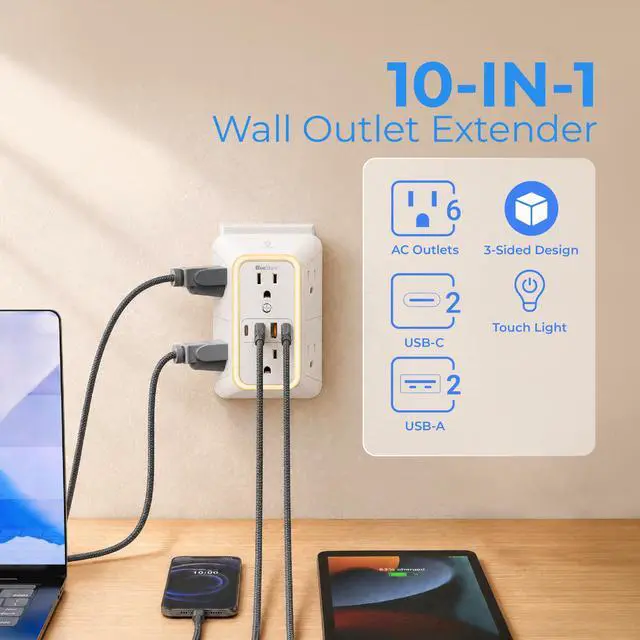 Alt view image 2 of 7 - Wall Mount Power Strips Wall Charger 6 Outlet Extender 4 USB Ports (5V, 2.4A, 12W) and Night Light 3-Sided Power Strip with Adapter Spaced Outlets - Multi Plug Outlet Surge Protector, ETL Listed