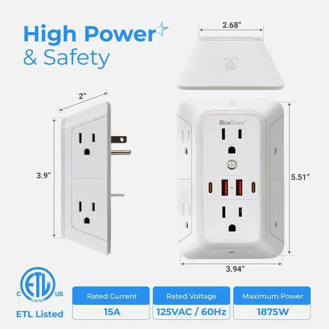 Alt view image 3 of 7 - Wall Mount Power Strips Wall Charger 6 Outlet Extender 4 USB Ports (5V, 2.4A, 12W) and Night Light 3-Sided Power Strip with Adapter Spaced Outlets - Multi Plug Outlet Surge Protector, ETL Listed