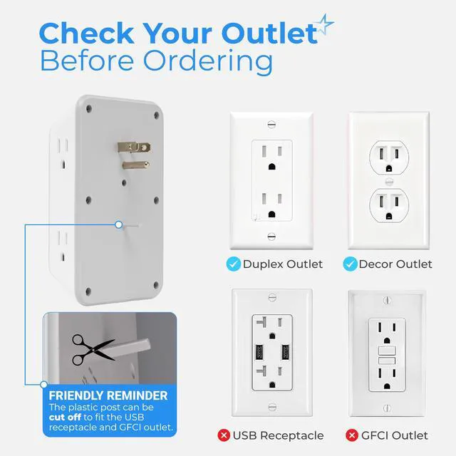 Alt view image 7 of 7 - Wall Mount Power Strips Wall Charger 6 Outlet Extender 4 USB Ports (5V, 2.4A, 12W) and Night Light 3-Sided Power Strip with Adapter Spaced Outlets - Multi Plug Outlet Surge Protector, ETL Listed