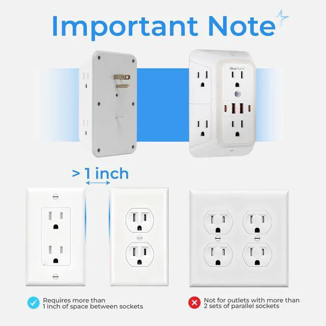 Alt view image 6 of 7 - Wall Mount Power Strips Wall Charger 6 Outlet Extender 4 USB Ports (5V, 2.4A, 12W) and Night Light 3-Sided Power Strip with Adapter Spaced Outlets - Multi Plug Outlet Surge Protector, ETL Listed