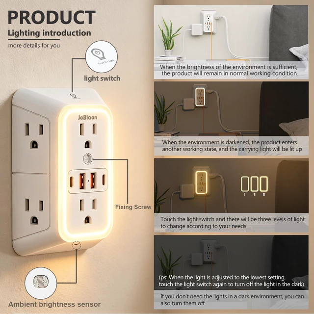Alt view image 5 of 7 - Wall Outlet Extender with Night Light, Power Plug Adapter 6 Outlet Extender with 4 USB Charging Ports 1050J Power Strip Multi Plug Adapter Spaced for Home Travel Office (2U2C)-ETL