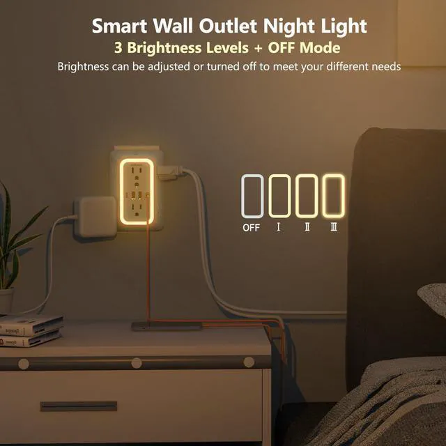 Alt view image 4 of 7 - Wall Outlet Extender with Night Light, Power Plug Adapter 6 Outlet Extender with 4 USB Charging Ports 1050J Power Strip Multi Plug Adapter Spaced for Home Travel Office (2U2C)-ETL
