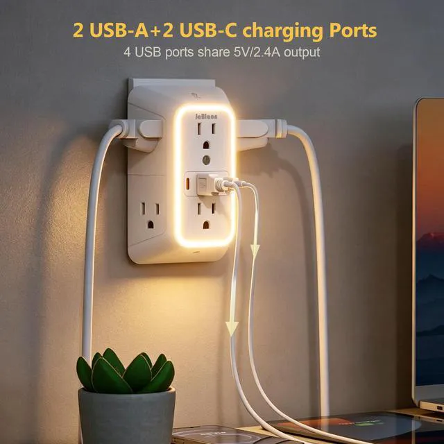 Alt view image 6 of 7 - Wall Outlet Extender with Night Light, Power Plug Adapter 6 Outlet Extender with 4 USB Charging Ports 1050J Power Strip Multi Plug Adapter Spaced for Home Travel Office (2U2C)-ETL