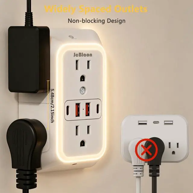 Alt view image 7 of 7 - Wall Outlet Extender with Night Light, Power Plug Adapter 6 Outlet Extender with 4 USB Charging Ports 1050J Power Strip Multi Plug Adapter Spaced for Home Travel Office (2U2C)-ETL