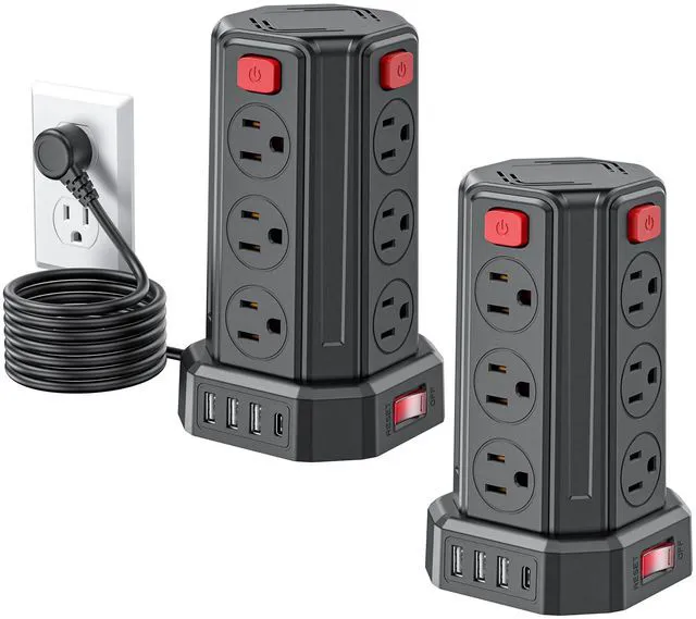 Main image of Power Strip 6.5 Ft Extension Cord with 12 AC Multiple Outlets 4 USB (1 USB C), Power Strip Tower Desktop Charging Station for Home Office College Dorm Essentials