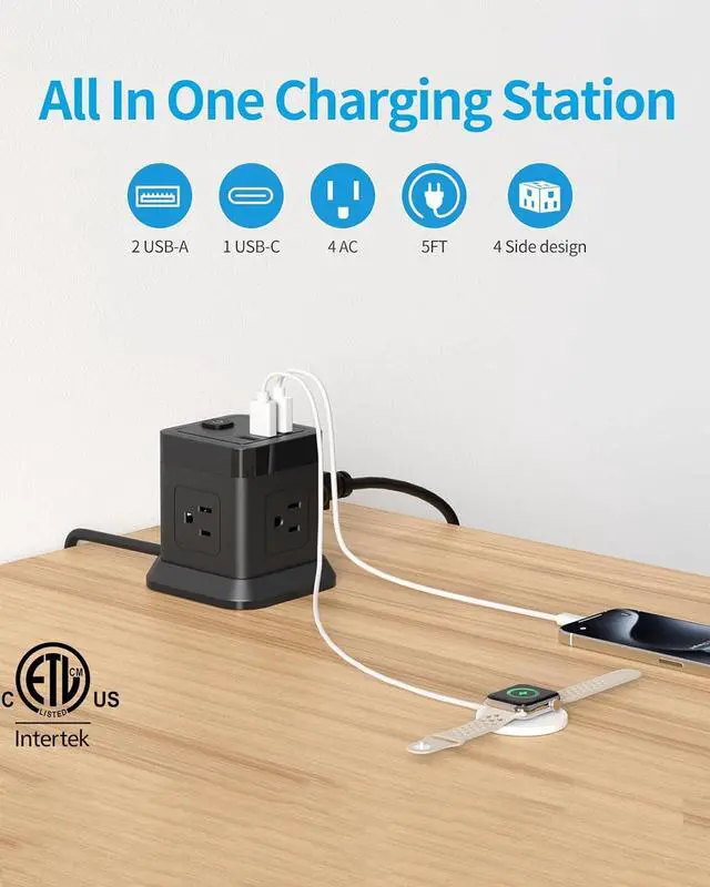 Alt view image 2 of 6 - Power Strip USB C, 4 Outlets 3 USB Ports 5 FT Extension Cord Black | Space Saving Cube Shape Widely Spaced Outlets with USB C Port Flat Plug Power Strip for Travel Dorm Office Bedroom ETL Listed