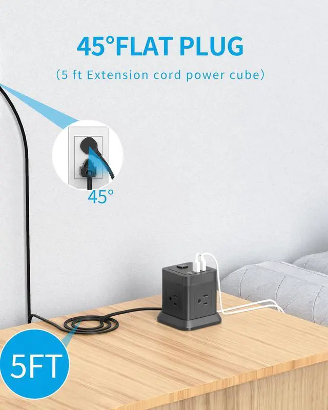 Alt view image 3 of 6 - Power Strip USB C, 4 Outlets 3 USB Ports 5 FT Extension Cord Black | Space Saving Cube Shape Widely Spaced Outlets with USB C Port Flat Plug Power Strip for Travel Dorm Office Bedroom ETL Listed