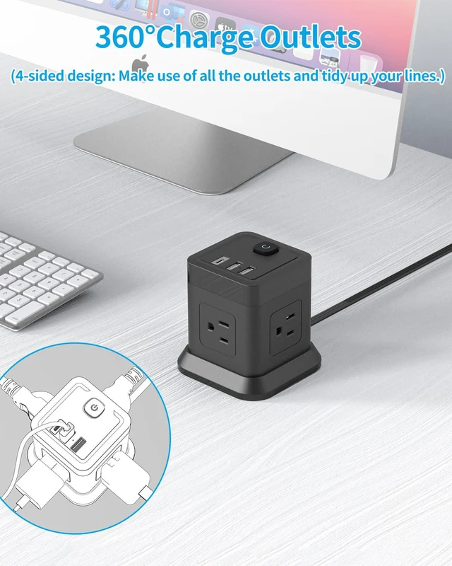 Alt view image 5 of 6 - Power Strip USB C, 4 Outlets 3 USB Ports 5 FT Extension Cord Black | Space Saving Cube Shape Widely Spaced Outlets with USB C Port Flat Plug Power Strip for Travel Dorm Office Bedroom ETL Listed