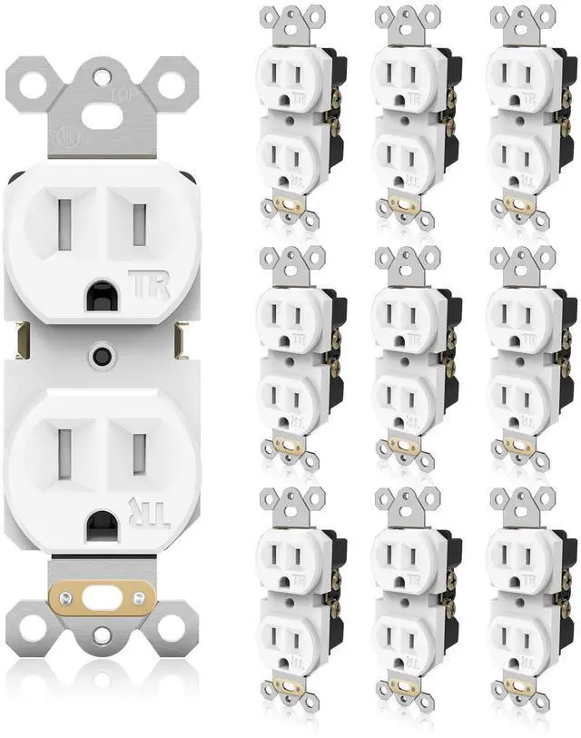 Main image of Standard Electrical Wall Outlet, 15A 125V, 2 Pole 3 Prong, Tamper Resistant Wall Socket, Self-Grounding, Residential Grade Wall Receptacle, UL Listed, White, 10 Pack