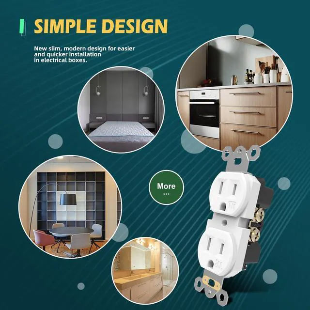 Alt view image 5 of 7 - Standard Electrical Wall Outlet, 15A 125V, 2 Pole 3 Prong, Tamper Resistant Wall Socket, Self-Grounding, Residential Grade Wall Receptacle, UL Listed, White, 10 Pack