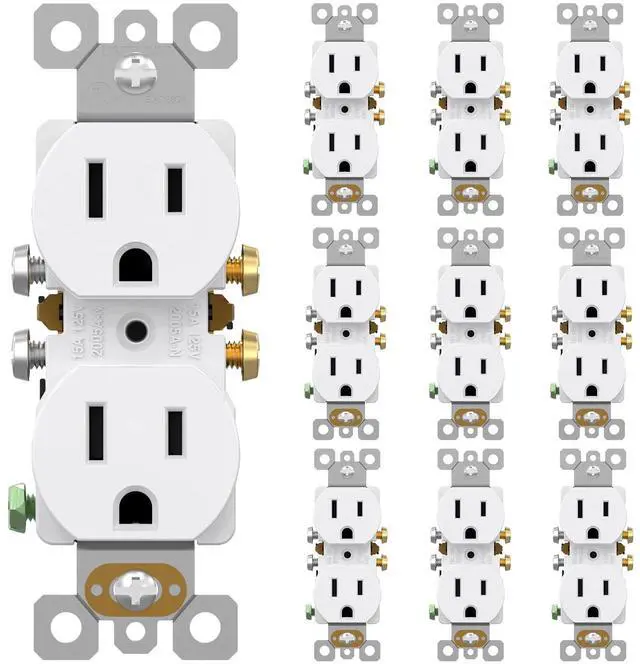 Main image of 10 Pack 15A 125V Duplex Heavy-Duty Receptacle Outlet, Electrical Outlet Electrical Wall Outlets, Duplex Receptacle Outlet, Residential Grade, 2-Pole 3-Wire, Self-Grounding Clip, UL Listed, White