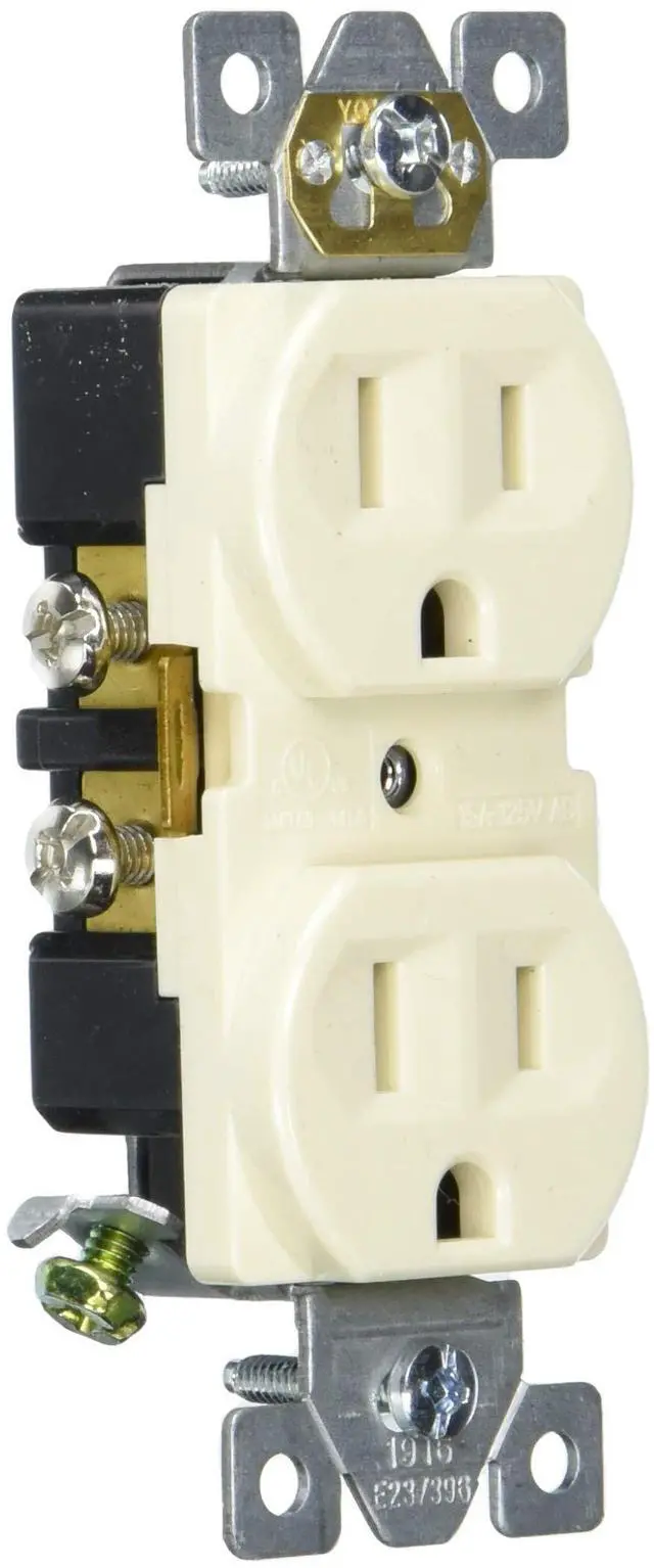 Main image of Duplex Wall Outlet, 2 Grounded Outlets, Light Almond | Self-Grounding Clip for Easy Install, Heavy Duty Reinforced Yoke, Supports 125VAC/15A, No Neutral Required