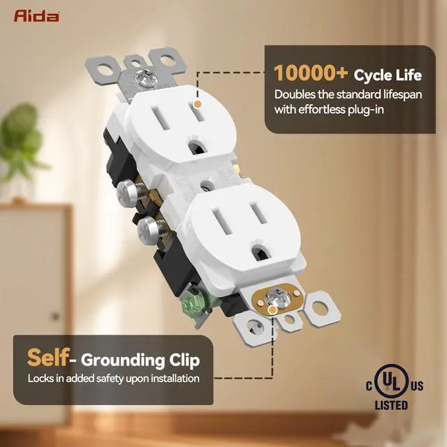 Alt view image 3 of 7 - 10 Pack 15A 125V Duplex Heavy-Duty Receptacle Outlet, Electrical Outlet Electrical Wall Outlets, Duplex Receptacle Outlet, Residential Grade, 2-Pole 3-Wire, Self-Grounding Clip, UL Listed, White
