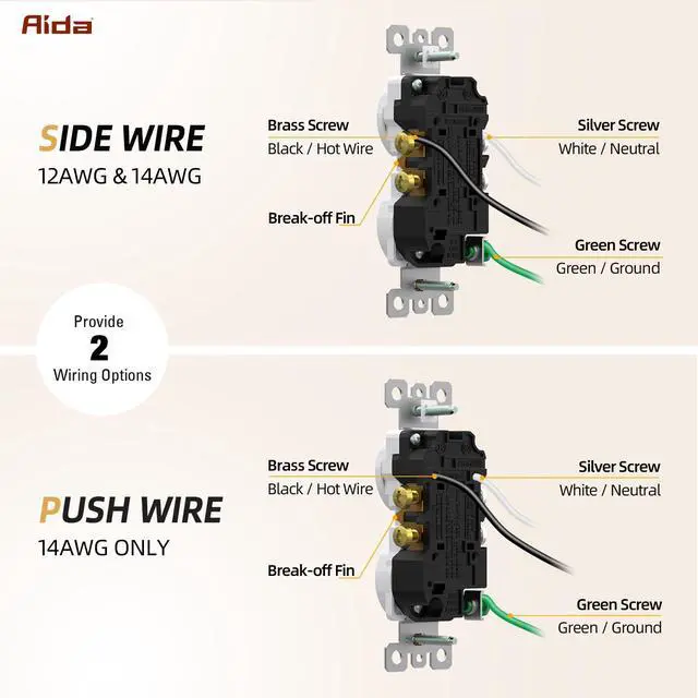 Alt view image 5 of 7 - 10 Pack 15A 125V Duplex Heavy-Duty Receptacle Outlet, Electrical Outlet Electrical Wall Outlets, Duplex Receptacle Outlet, Residential Grade, 2-Pole 3-Wire, Self-Grounding Clip, UL Listed, White