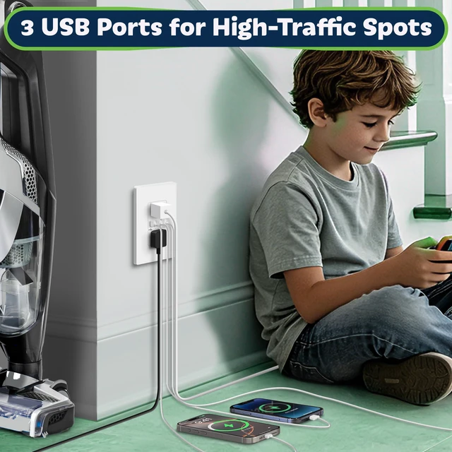 Alt view image 3 of 7 - 4.2A 3-Port Type C USB Outlet, 15 Amp Receptacle Plug, Charging Power Outlet with Dual Type C&A Ports, Screwless Wall Plate Included, UL Listed, Residential Grade, White, 6 Pack
