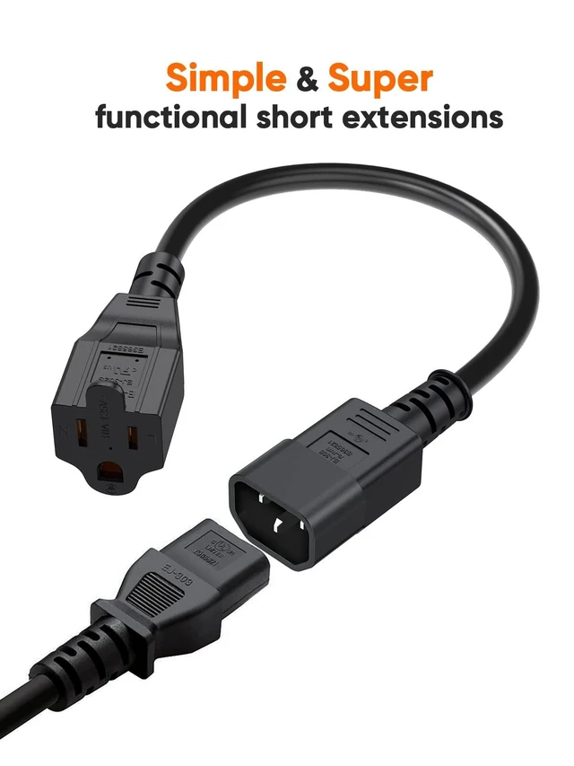 Alt view image 2 of 5 - 5-Pack 1-Foot NEMA 5-15R to IEC 320 C14 Power Cords, 0.3 M | Fully molded computer power adapter cable, PDU power cable, black, rated at 125V/10A