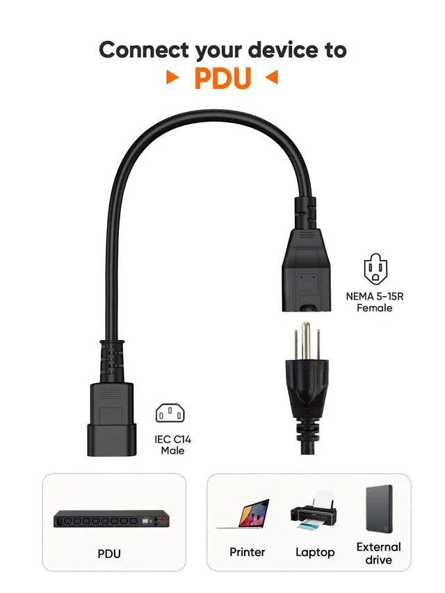 Alt view image 5 of 5 - 5-Pack 1-Foot NEMA 5-15R to IEC 320 C14 Power Cords, 0.3 M | Fully molded computer power adapter cable, PDU power cable, black, rated at 125V/10A