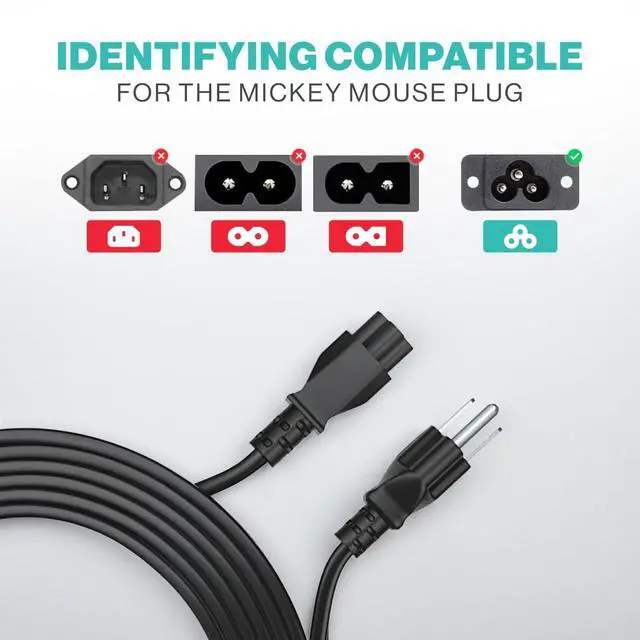 Alt view image 3 of 6 - 3 Prong AC Laptop Power Cord 5Ft Universal Power Cable | 125V | for Dell HP LG Lenovo Asus Acer Toshiba Sony Laptops/Notebooks, Monitors, Printers, Scanners NEMA 5-15P to C5 Power Cable
