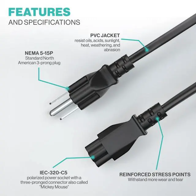 Alt view image 4 of 6 - 3 Prong AC Laptop Power Cord 5Ft Universal Power Cable | 125V | for Dell HP LG Lenovo Asus Acer Toshiba Sony Laptops/Notebooks, Monitors, Printers, Scanners NEMA 5-15P to C5 Power Cable