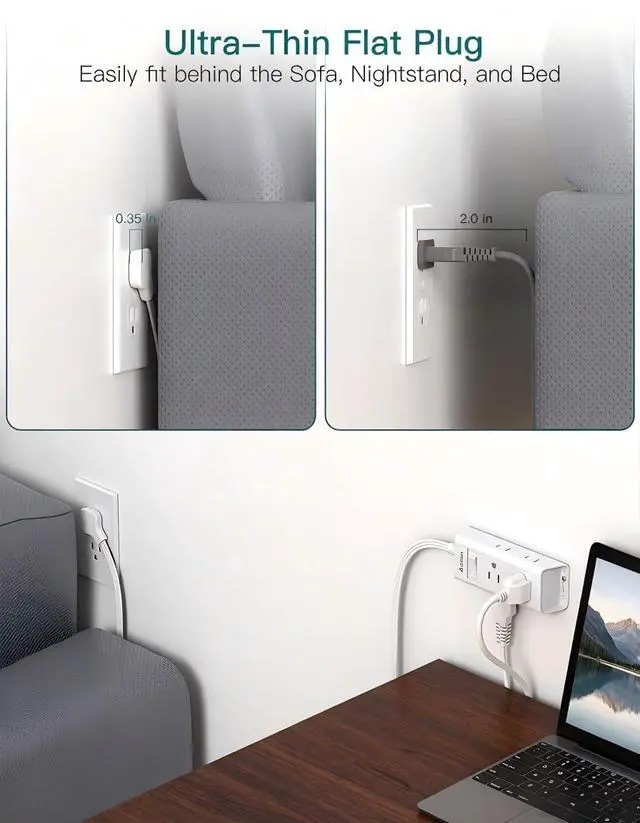 Alt view image 2 of 7 - Flat Plug Power Strip with 6 Outlet Extender, 1 FT Extension Cord Flat Wall Plug with Multiple Outlets, No Surge Protector for Cruise Ship, Travel, Dorm, Home Office, Cruise Essentials, White