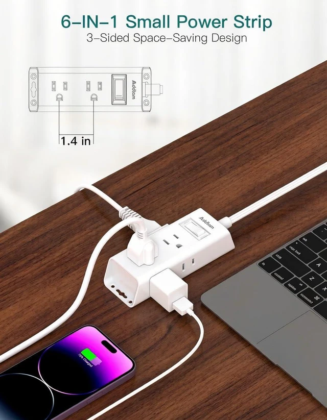 Alt view image 3 of 7 - Flat Plug Power Strip with 6 Outlet Extender, 1 FT Extension Cord Flat Wall Plug with Multiple Outlets, No Surge Protector for Cruise Ship, Travel, Dorm, Home Office, Cruise Essentials, White