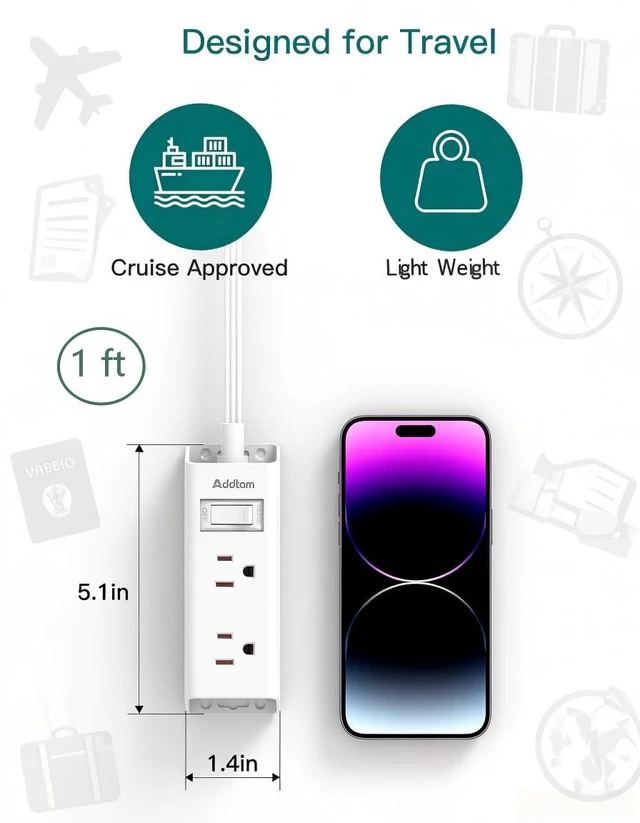 Alt view image 4 of 7 - Flat Plug Power Strip with 6 Outlet Extender, 1 FT Extension Cord Flat Wall Plug with Multiple Outlets, No Surge Protector for Cruise Ship, Travel, Dorm, Home Office, Cruise Essentials, White