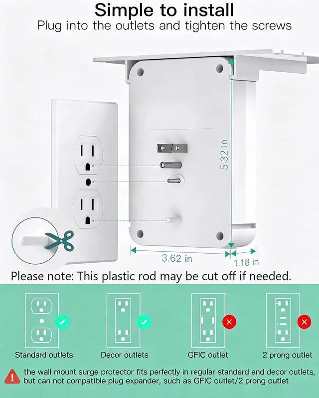 Alt view image 6 of 7 - Wall Outlet Extender with Surge Protector, 6 AC Outlets, with Shelf | 2 USB A & USB C Charging Ports, Home & Dorm Plug Expander