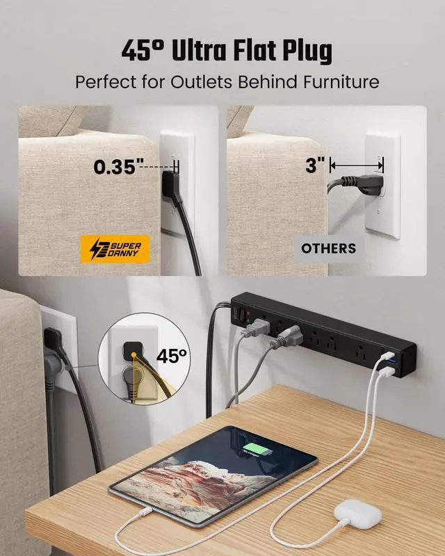 Alt view image 3 of 7 - 6Ft Thin Extension Cord, Flat Plug Surge Protector Power Strip | Charging Station with 6 Outlets & 3 USB Ports, Wall Mountable Outlet Extender for Home, Office, College Dorm Room Essentials