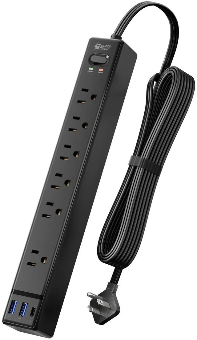 Main image of 6Ft Thin Extension Cord, Flat Plug Surge Protector Power Strip | Charging Station with 6 Outlets & 3 USB Ports, Wall Mountable Outlet Extender for Home, Office, College Dorm Room Essentials