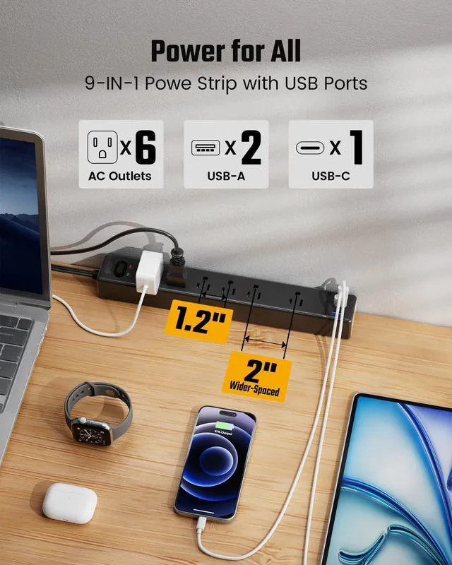 Alt view image 4 of 7 - 6Ft Thin Extension Cord, Flat Plug Surge Protector Power Strip | Charging Station with 6 Outlets & 3 USB Ports, Wall Mountable Outlet Extender for Home, Office, College Dorm Room Essentials