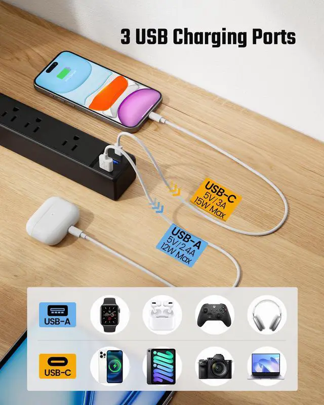 Alt view image 5 of 7 - 6Ft Thin Extension Cord, Flat Plug Surge Protector Power Strip | Charging Station with 6 Outlets & 3 USB Ports, Wall Mountable Outlet Extender for Home, Office, College Dorm Room Essentials