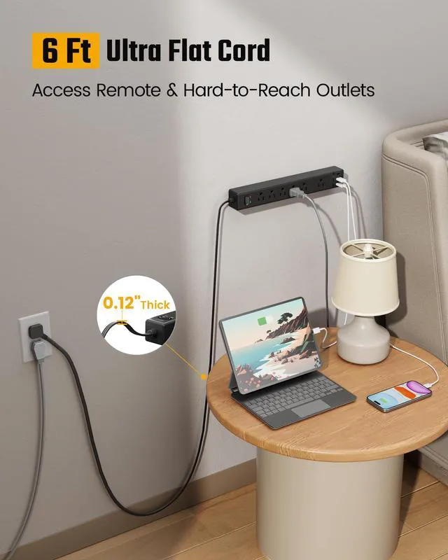 Alt view image 2 of 7 - 6Ft Thin Extension Cord, Flat Plug Surge Protector Power Strip | Charging Station with 6 Outlets & 3 USB Ports, Wall Mountable Outlet Extender for Home, Office, College Dorm Room Essentials
