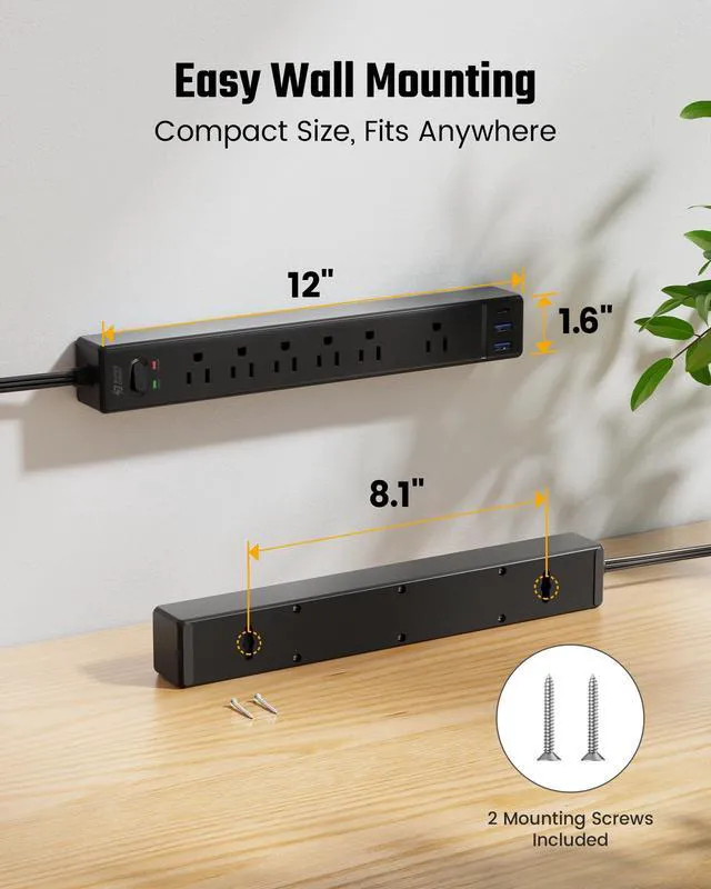 Alt view image 7 of 7 - 6Ft Thin Extension Cord, Flat Plug Surge Protector Power Strip | Charging Station with 6 Outlets & 3 USB Ports, Wall Mountable Outlet Extender for Home, Office, College Dorm Room Essentials