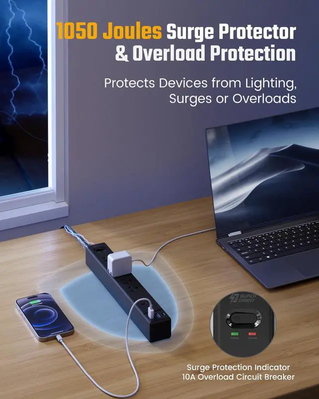 Alt view image 6 of 7 - 6Ft Thin Extension Cord, Flat Plug Surge Protector Power Strip | Charging Station with 6 Outlets & 3 USB Ports, Wall Mountable Outlet Extender for Home, Office, College Dorm Room Essentials