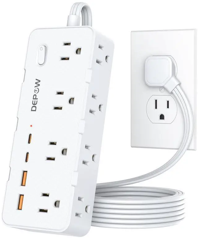 Main image of 3FT Power Strip, Extension Cord with 8 AC Outlets + 4 USB (2 USB-C), White | Flat Plug, Compact 3FT Flat Cord Keeps Desktop Neat. 1700J Surge Protection, 1625W, Great for Home Office, Dorm, Nightstand