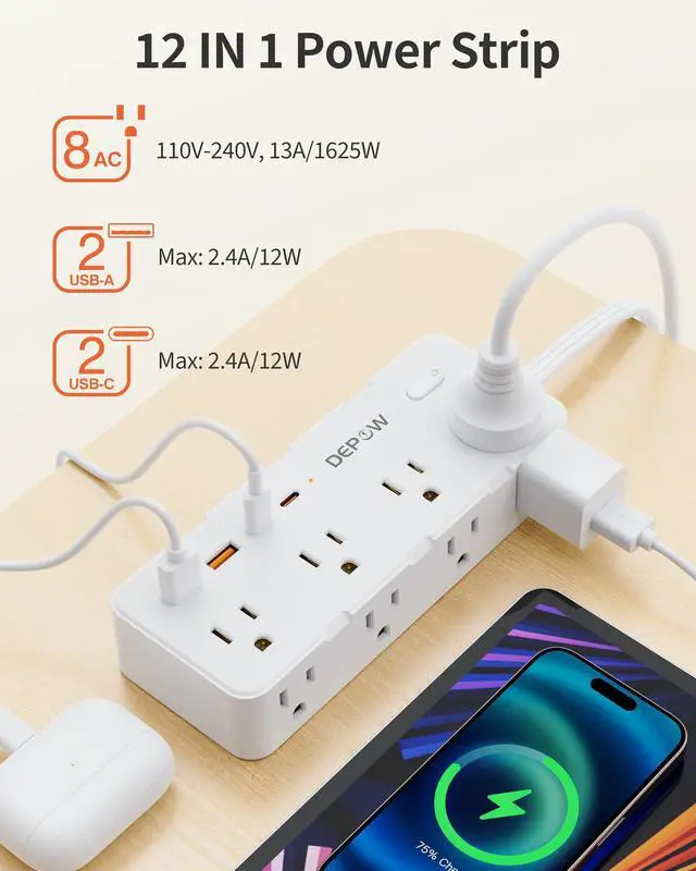 Alt view image 2 of 7 - 3FT Power Strip, Extension Cord with 8 AC Outlets + 4 USB (2 USB-C), White | Flat Plug, Compact 3FT Flat Cord Keeps Desktop Neat. 1700J Surge Protection, 1625W, Great for Home Office, Dorm, Nightstand