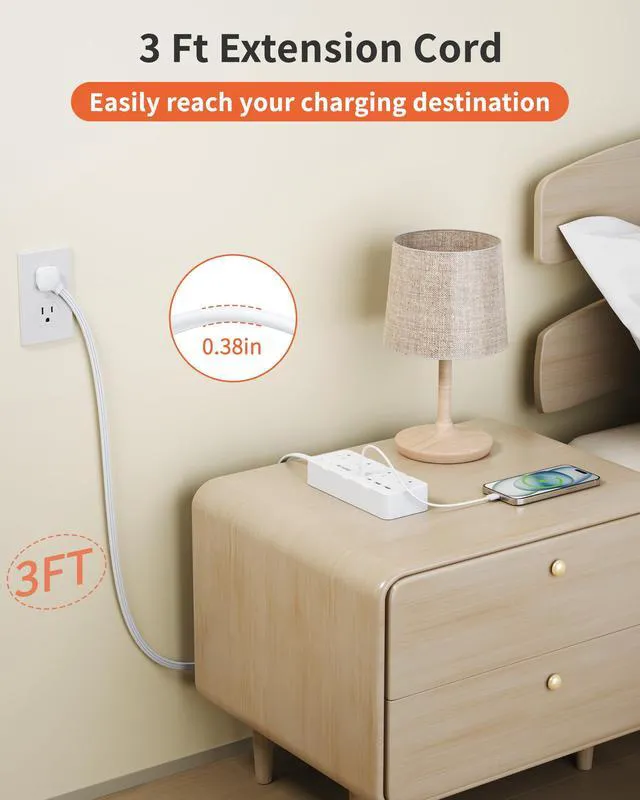 Alt view image 3 of 7 - 3FT Power Strip, Extension Cord with 8 AC Outlets + 4 USB (2 USB-C), White | Flat Plug, Compact 3FT Flat Cord Keeps Desktop Neat. 1700J Surge Protection, 1625W, Great for Home Office, Dorm, Nightstand