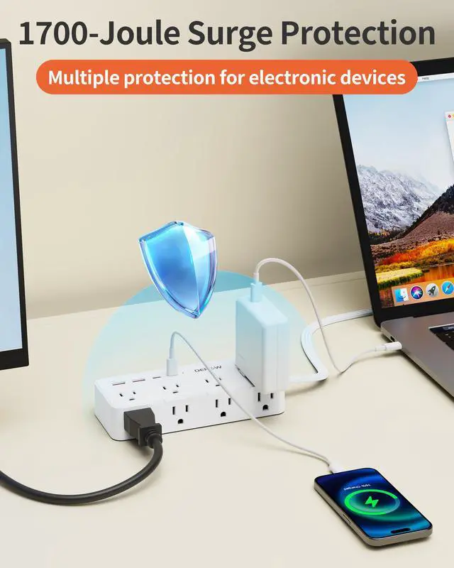 Alt view image 5 of 7 - 3FT Power Strip, Extension Cord with 8 AC Outlets + 4 USB (2 USB-C), White | Flat Plug, Compact 3FT Flat Cord Keeps Desktop Neat. 1700J Surge Protection, 1625W, Great for Home Office, Dorm, Nightstand