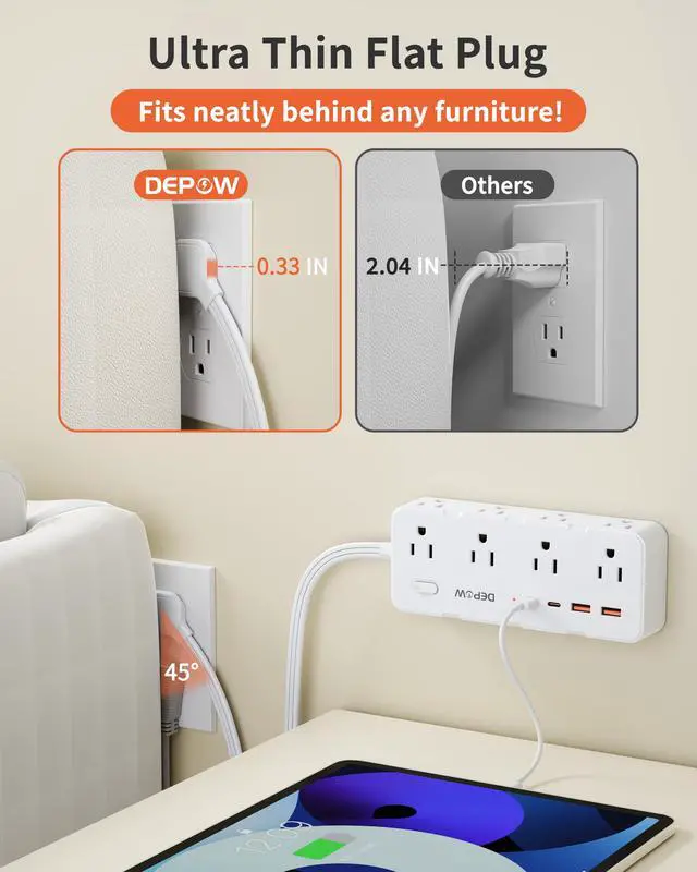 Alt view image 4 of 7 - 3FT Power Strip, Extension Cord with 8 AC Outlets + 4 USB (2 USB-C), White | Flat Plug, Compact 3FT Flat Cord Keeps Desktop Neat. 1700J Surge Protection, 1625W, Great for Home Office, Dorm, Nightstand