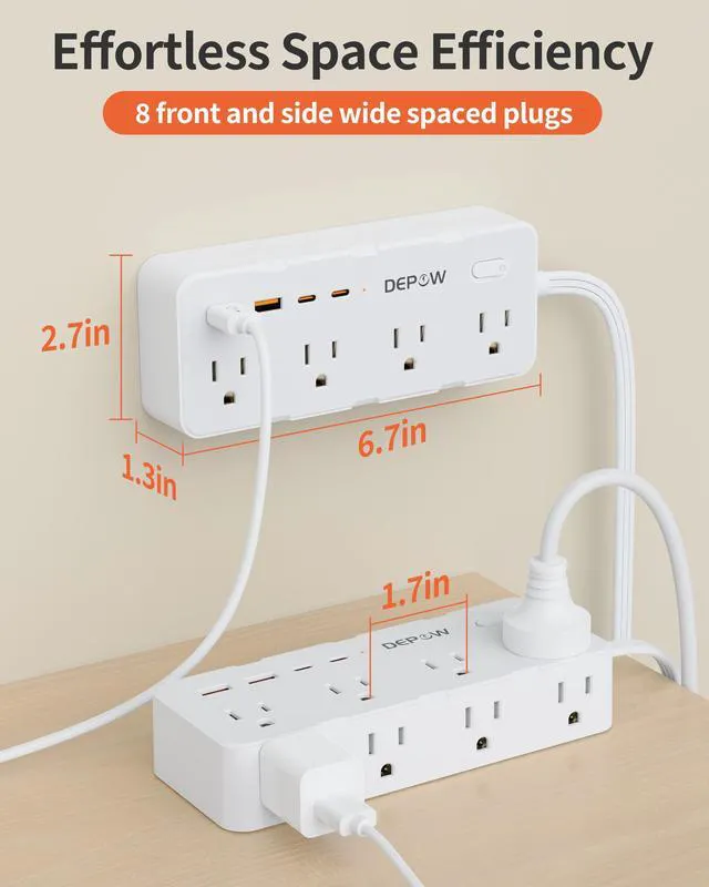 Alt view image 7 of 7 - 3FT Power Strip, Extension Cord with 8 AC Outlets + 4 USB (2 USB-C), White | Flat Plug, Compact 3FT Flat Cord Keeps Desktop Neat. 1700J Surge Protection, 1625W, Great for Home Office, Dorm, Nightstand