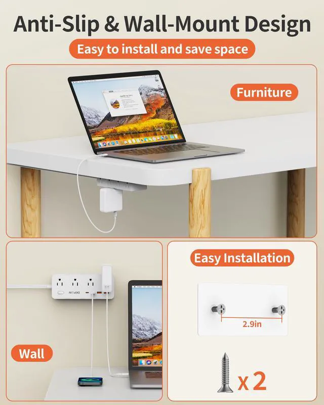 Alt view image 6 of 7 - 3FT Power Strip, Extension Cord with 8 AC Outlets + 4 USB (2 USB-C), White | Flat Plug, Compact 3FT Flat Cord Keeps Desktop Neat. 1700J Surge Protection, 1625W, Great for Home Office, Dorm, Nightstand