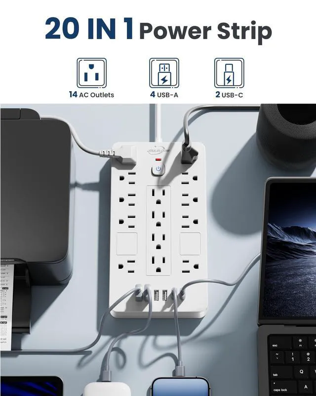 Alt view image 2 of 7 - 6 FT Extension Cord Surge Protector Power Strip, 14 Outlets & 6 USB Ports | 6 Feet Flat Plug extension cord with 14 Outlets&6 USB Ports(2 USB-C), 1850 Joules surge protection ETL Liste