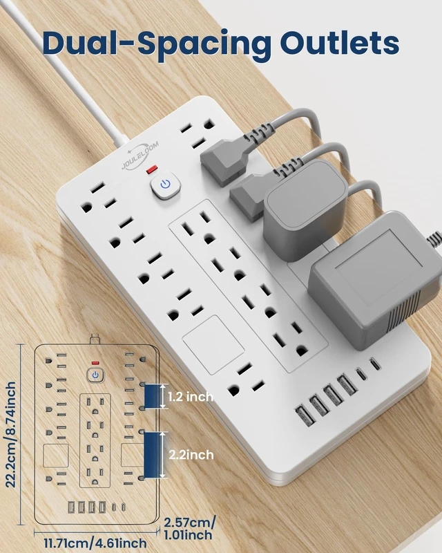 Alt view image 4 of 7 - 6 FT Extension Cord Surge Protector Power Strip, 14 Outlets & 6 USB Ports | 6 Feet Flat Plug extension cord with 14 Outlets&6 USB Ports(2 USB-C), 1850 Joules surge protection ETL Liste